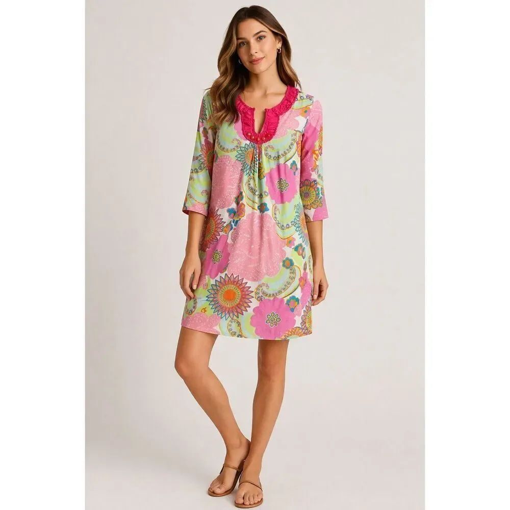 Boden Pink Floral Tunic Dress Womens US 4 Cotton Boho